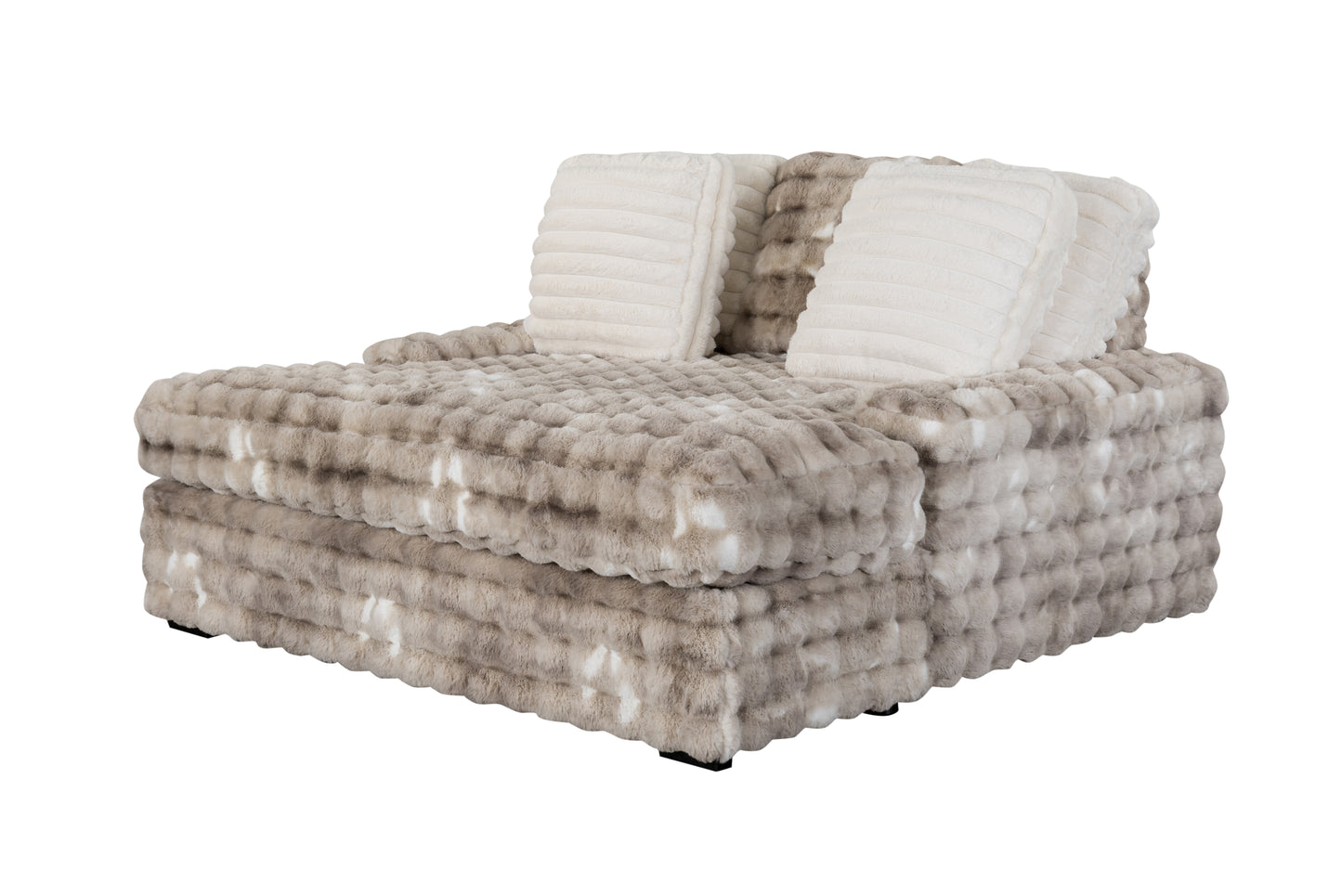 Plush faux fur chaise lounge in grey and white ombr with matching ivory pillows