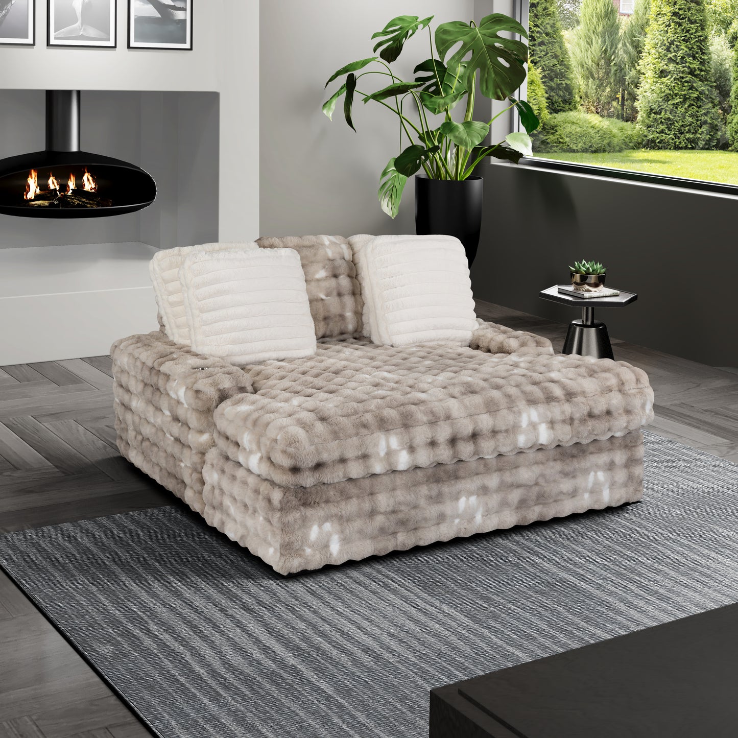 Plush faux fur oversized armchair in neutral taupe with white speckled pattern plush and inviting