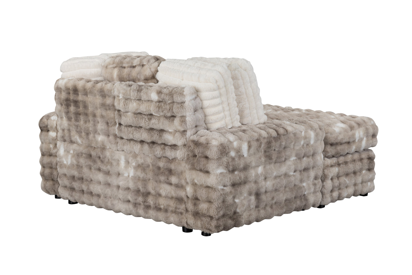 Plush grey and white sectional sofa with a textured faux fur finish