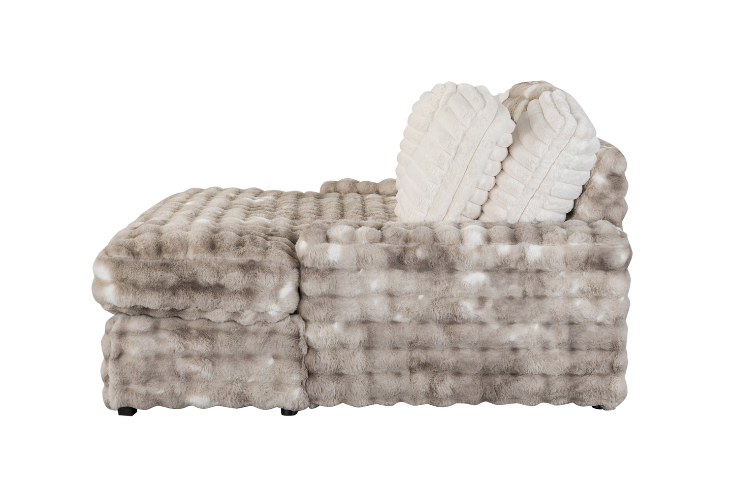 Plush grey and white faux fur loveseat with two textured cream cushions
