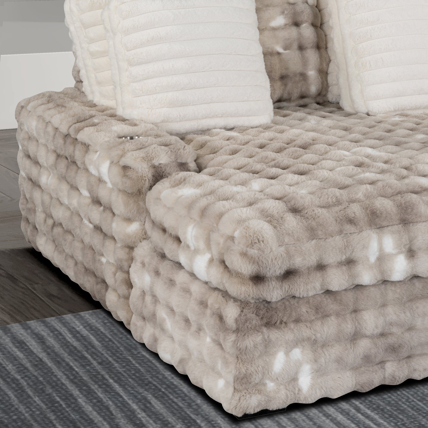 Plush sectional sofa in taupe with white faux fur and textured ripples a cozy living room piece