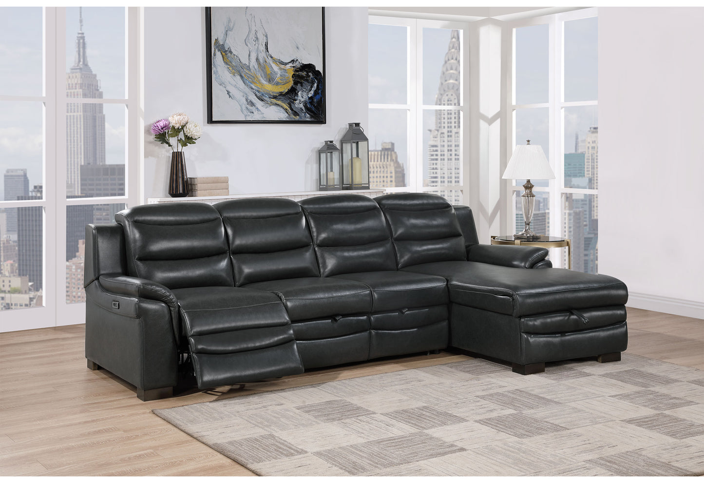 Dark gray leather sectional sofa with reclining seats perfect for modern living rooms