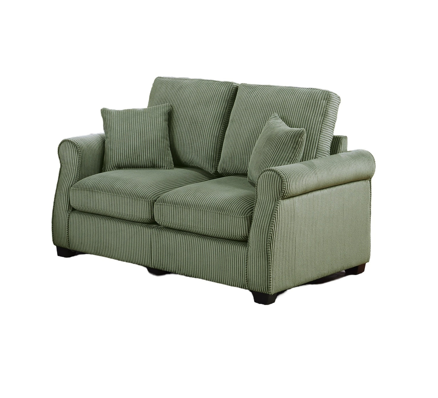 Sage green corduroy loveseat with plush cushions and rolled arms