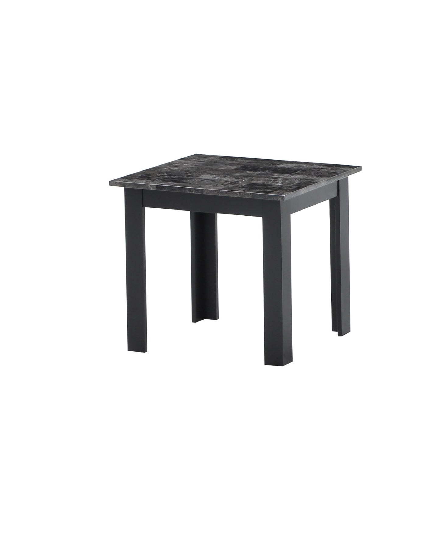 Modern square dining table with faux marble top and dark grey metal legs perfect for compact spaces