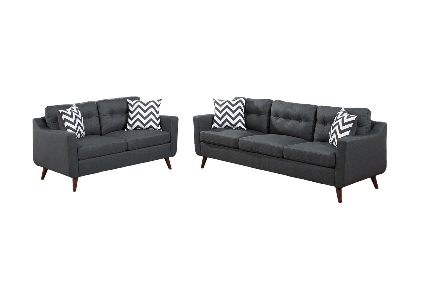 Dark gray fabric sofa set with tufted seats and chevron pillows