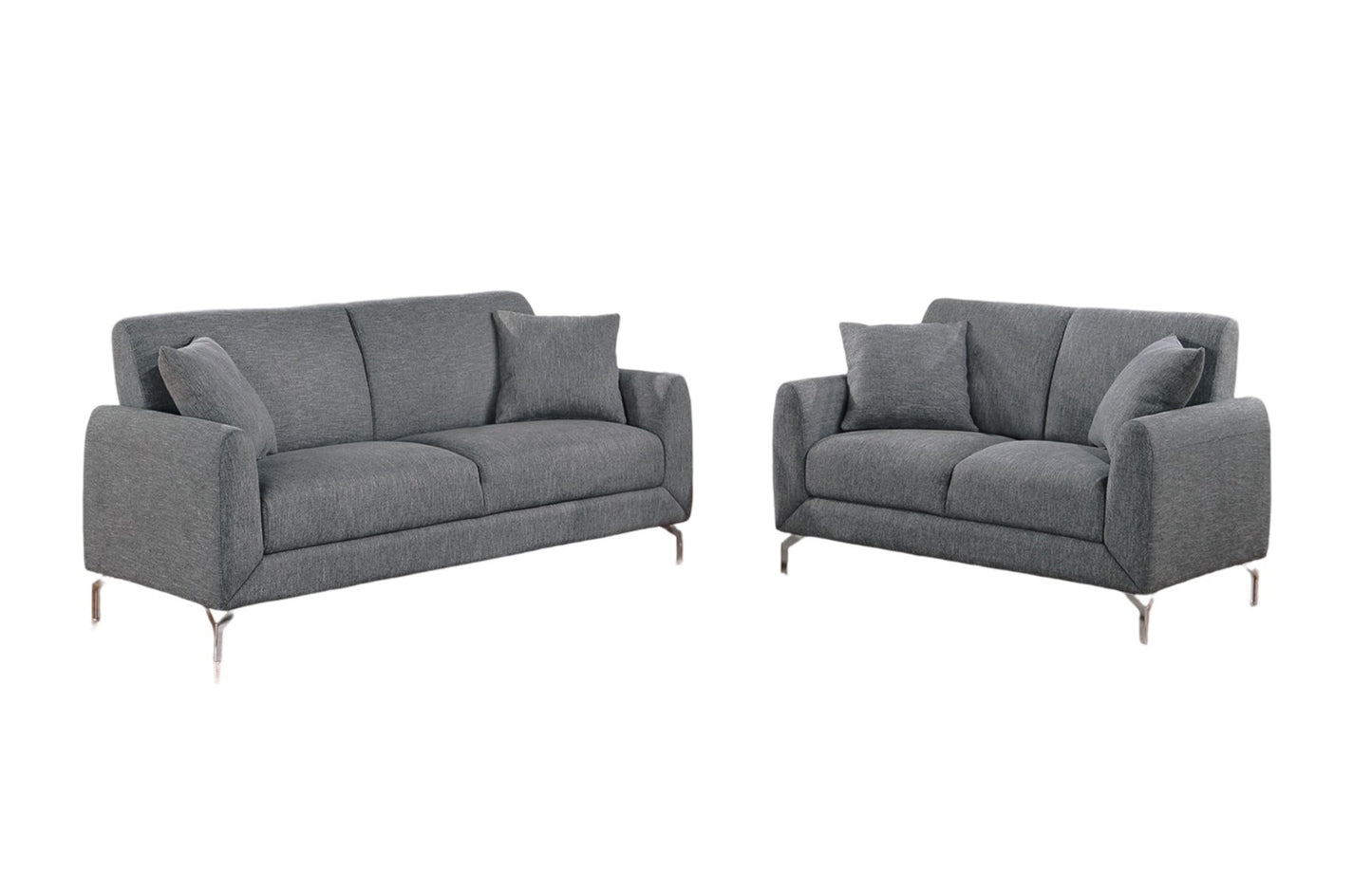 Modern grey fabric sofa set with sleek silver legs and throw pillows perfect for living rooms