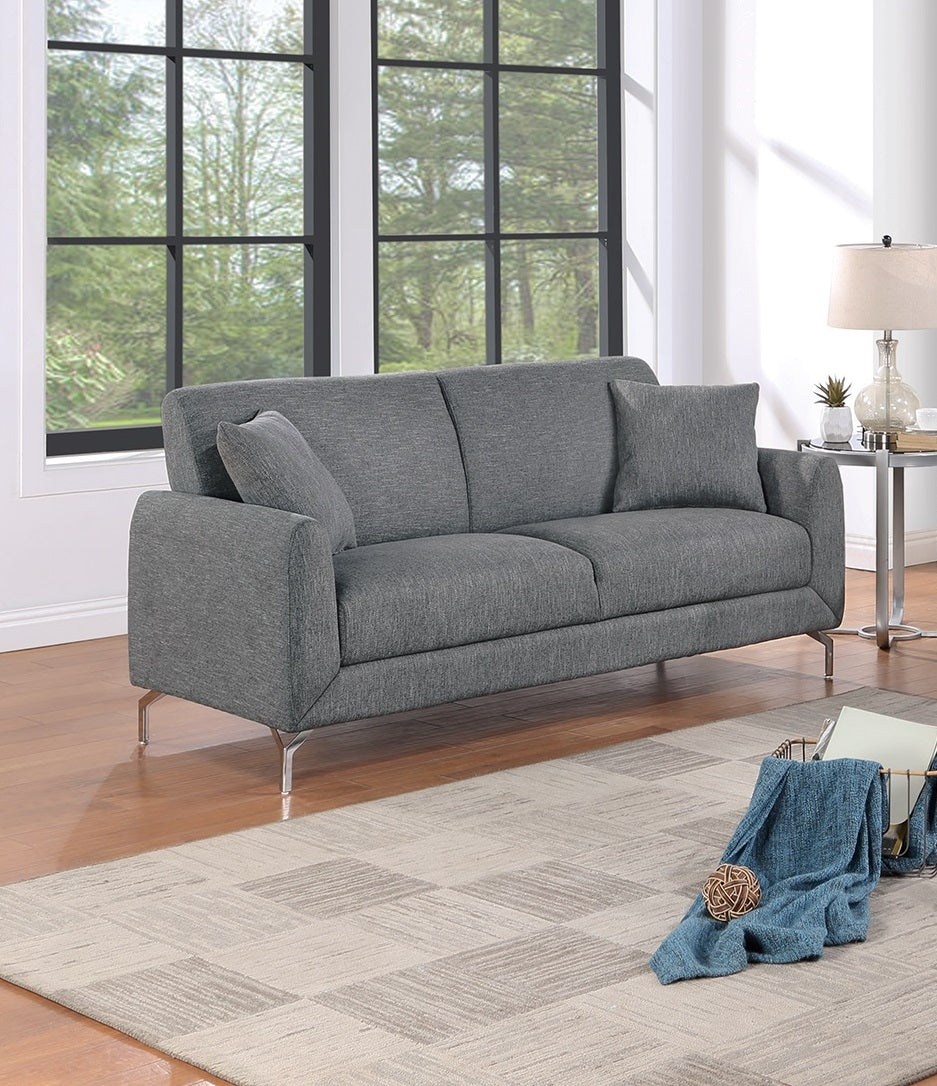 Gray fabric sofa with sleek metal legs perfect for modern living rooms