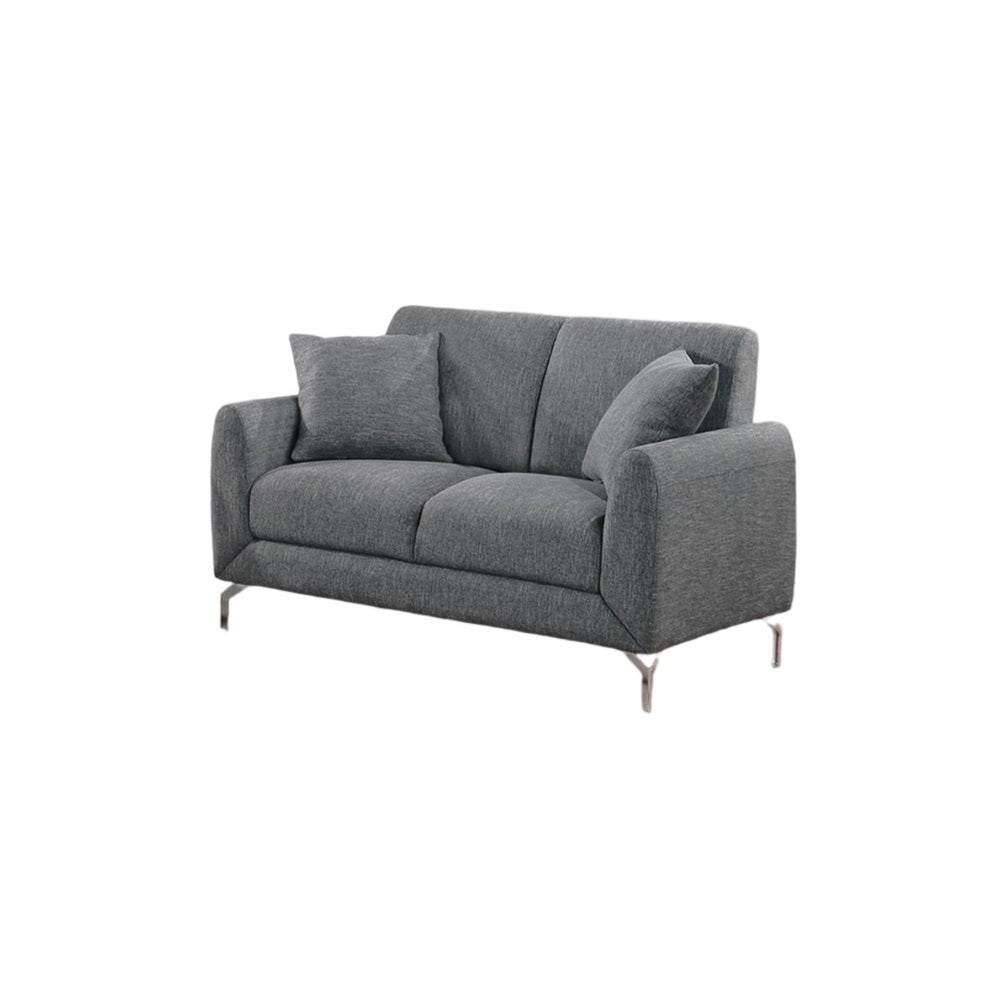 Gray twoseater sofa with plush cushions and modern silver legs