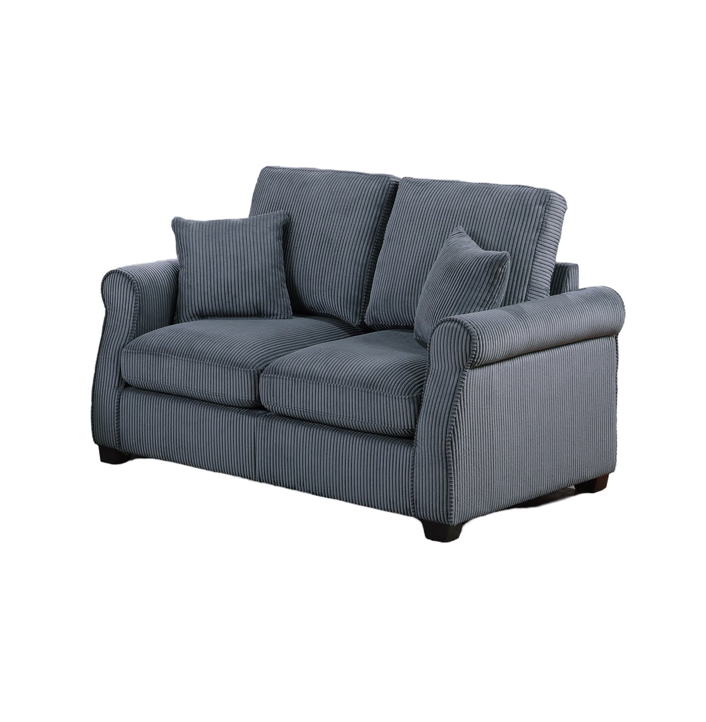 Plush corduroy navy blue twoseater sofa with rolled arms and two accent pillows