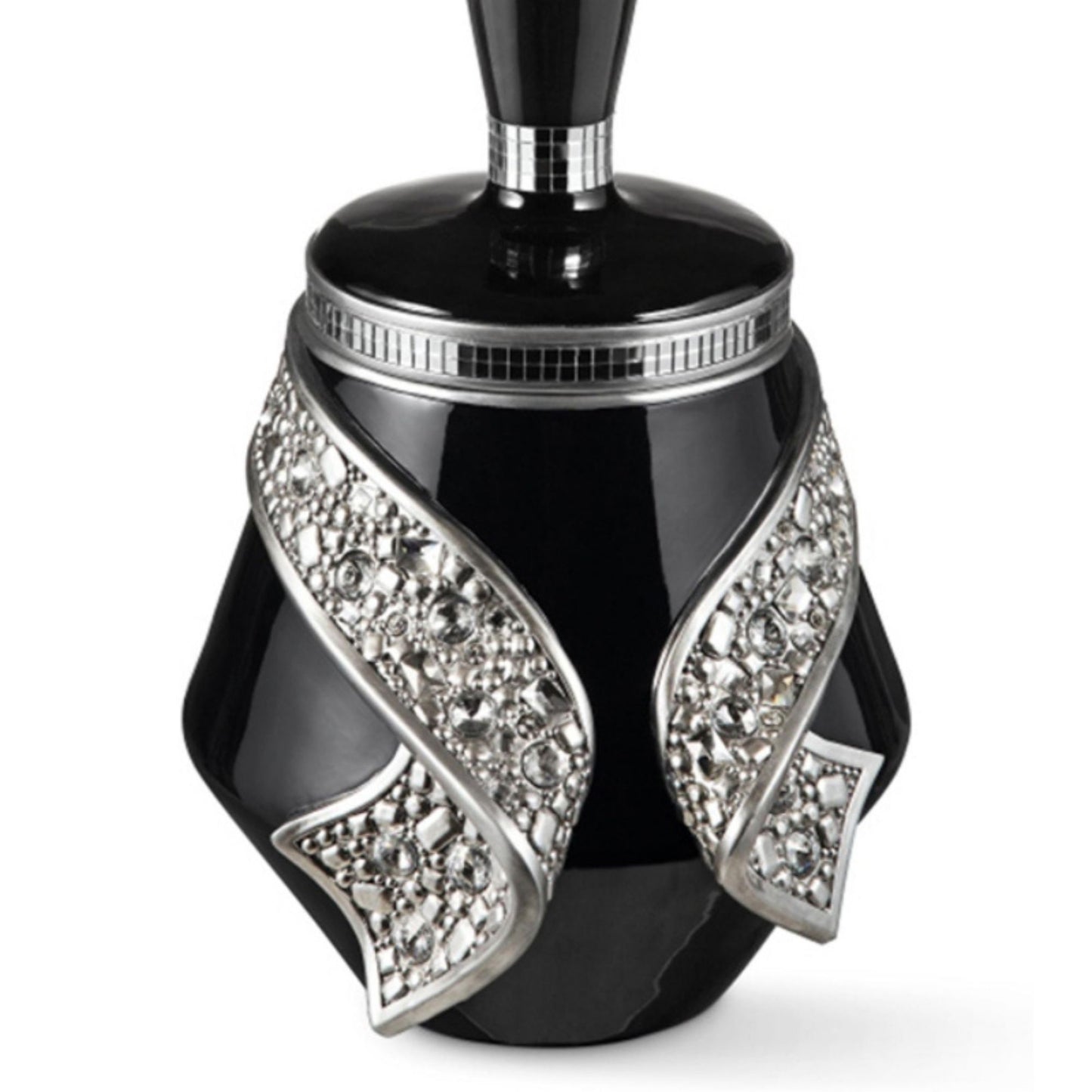 Black ceramic sugar bowl with silvertone trim and crystal embellishments