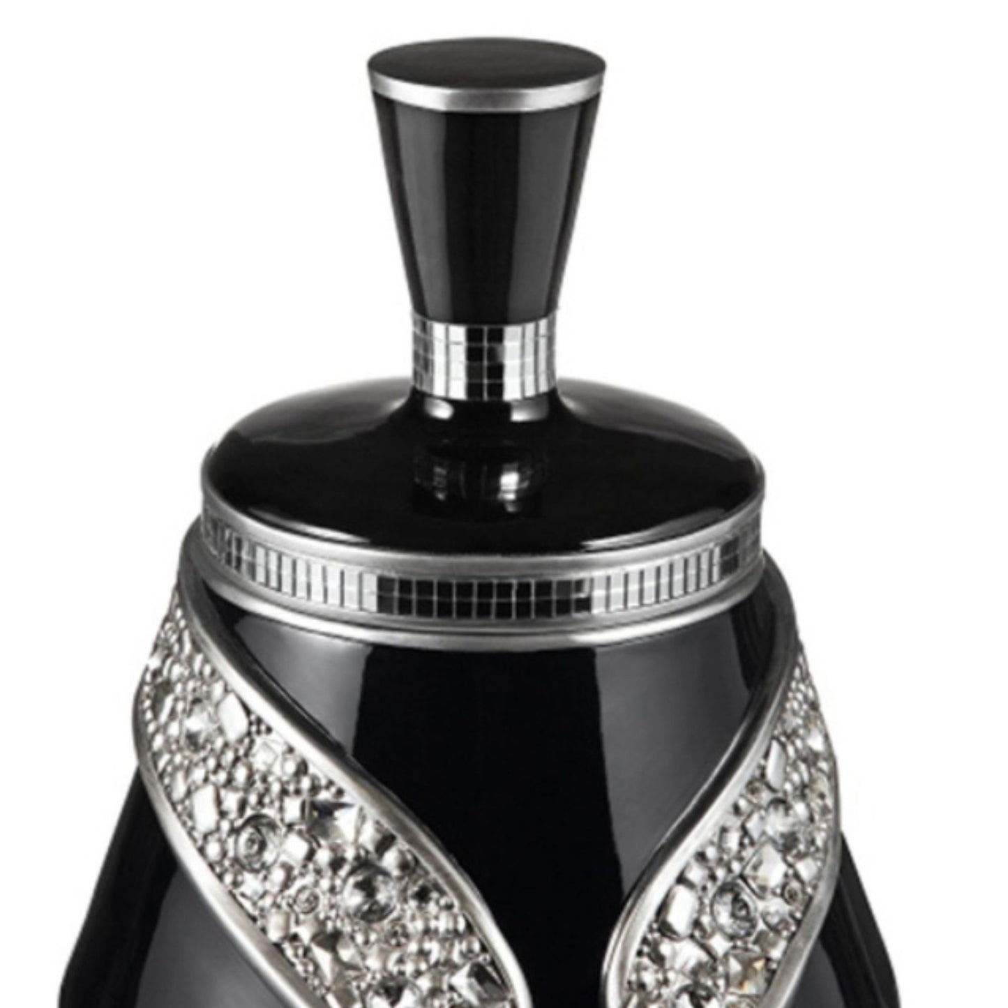 Black glass perfume bottle with silver accents and crystal embellishments