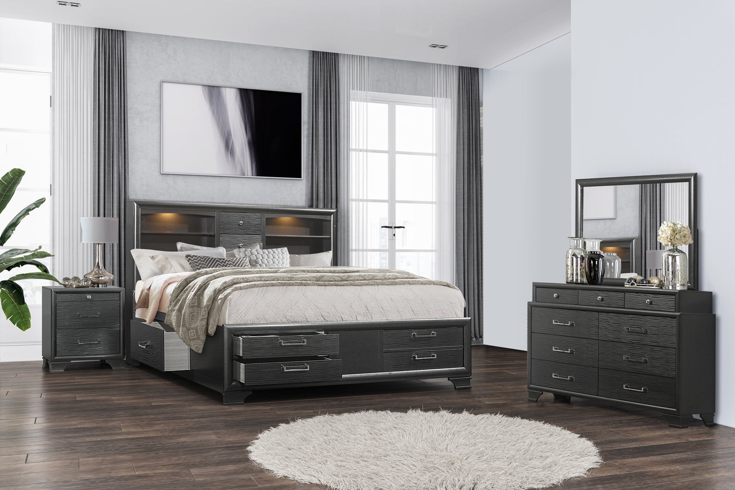 King size upholstered bed with builtin headboard storage in dark gray