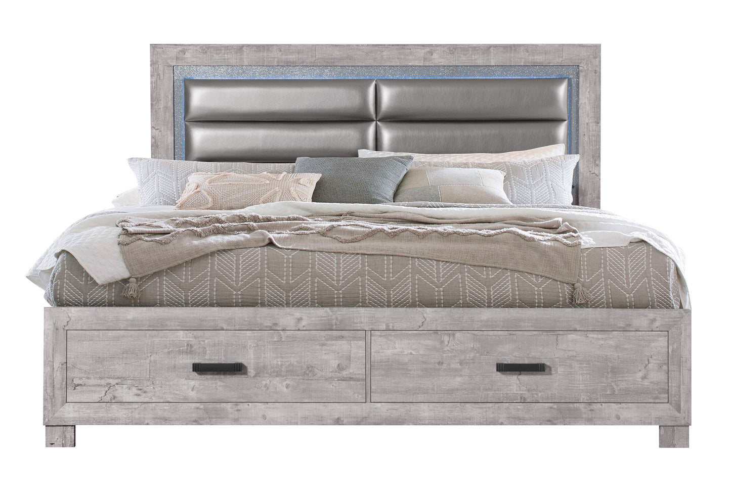 Gray upholstered king bed with LED headboard and storage drawers