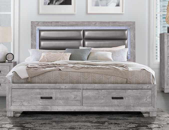Modern grey wood bed frame with upholstered headboard and builtin LED lighting