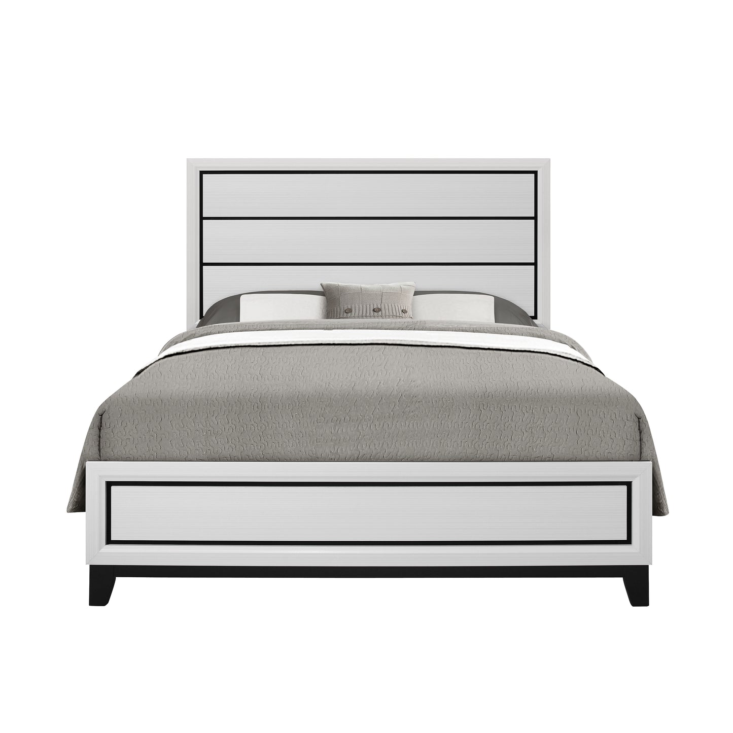 Modern white king bed frame with horizontal panel headboard and footboard