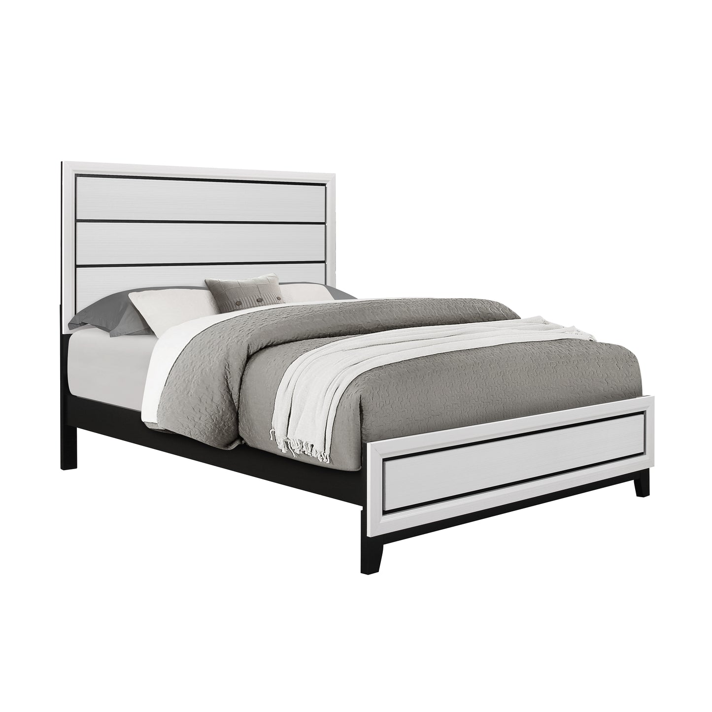 Modern white and black queen platform bed with horizontal panel headboard and footboard