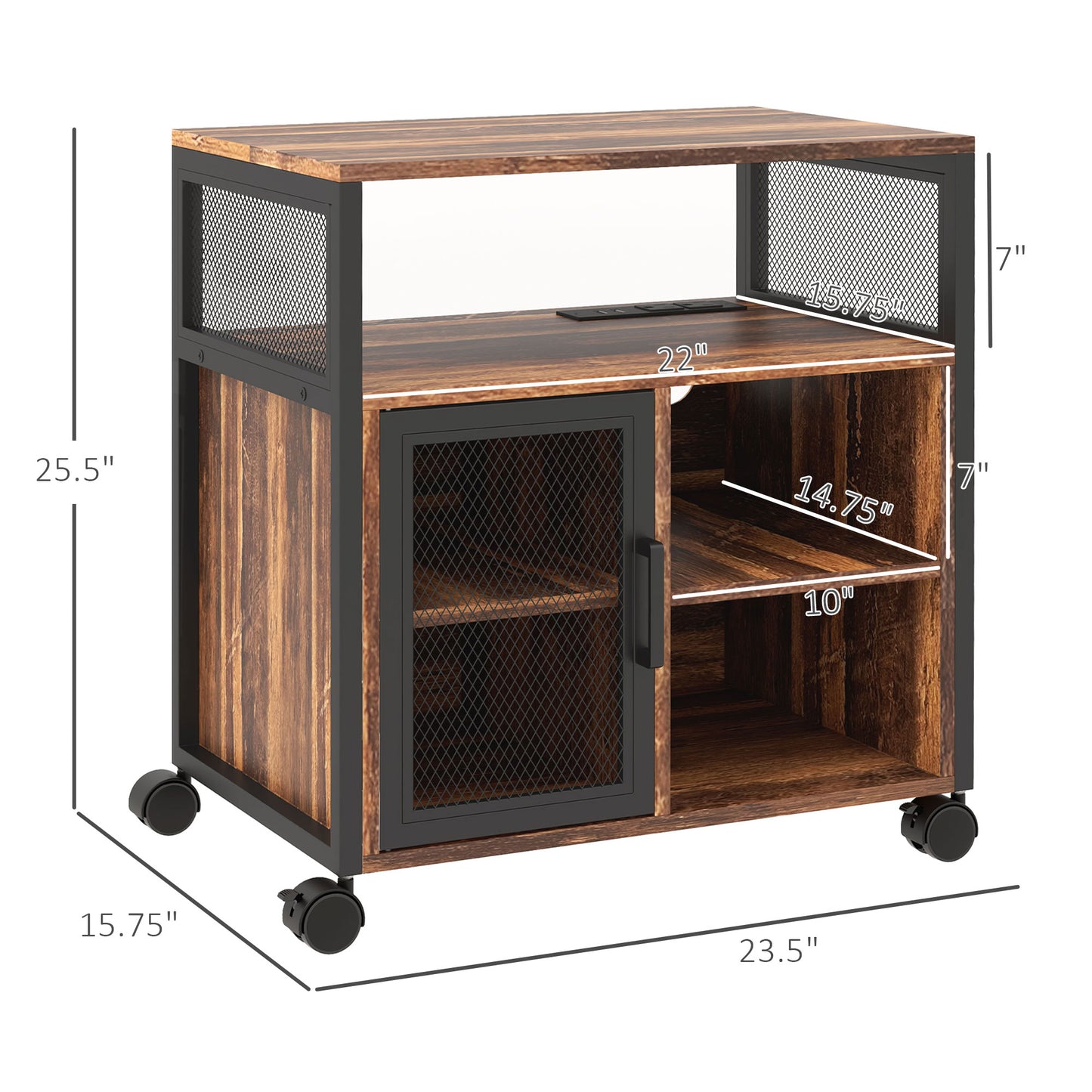 Industrial rolling media console with distressed wood finish and black metal accents