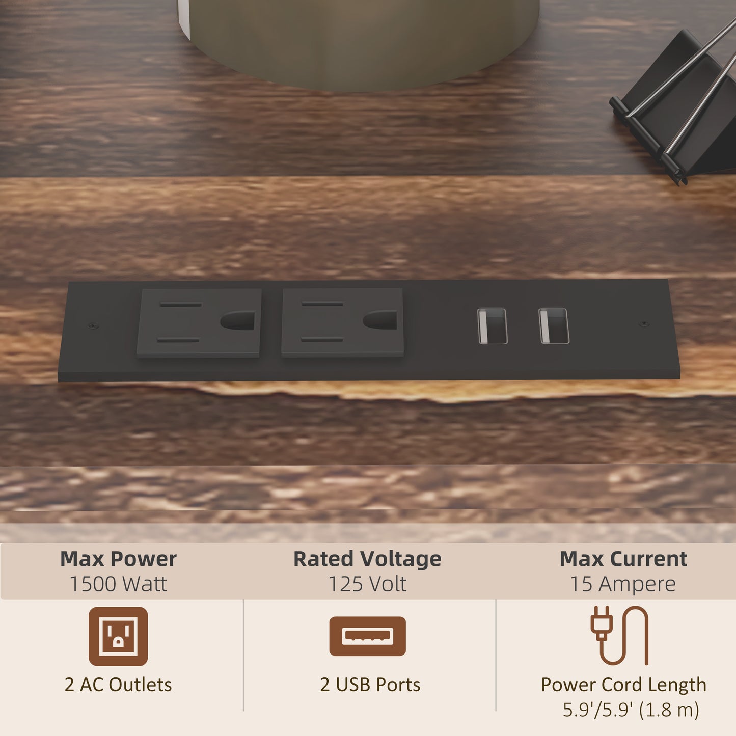 Black power strip with AC outlets and USB ports W max power