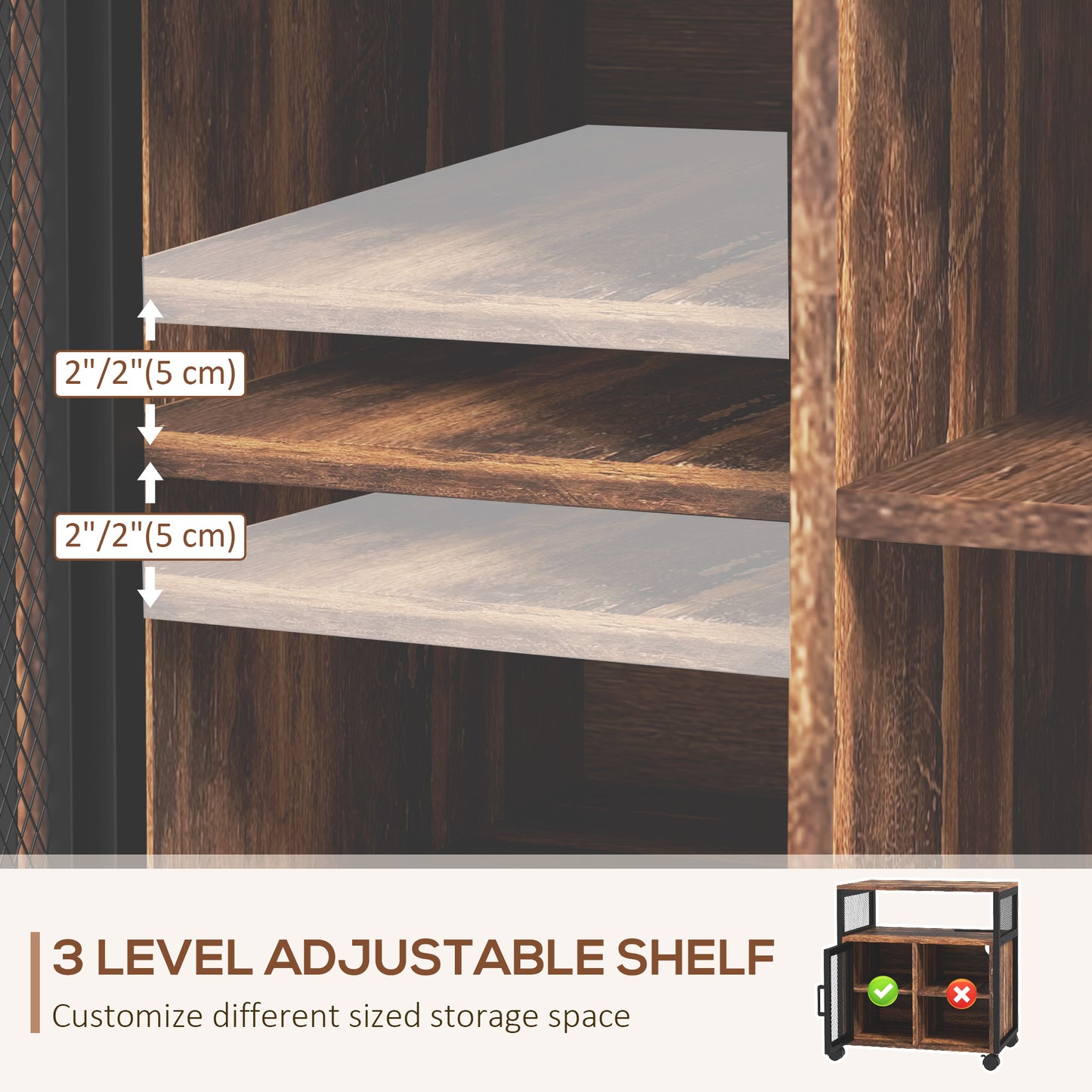 Closeup of a dark woodgrain shelf with inch adjustment markings
