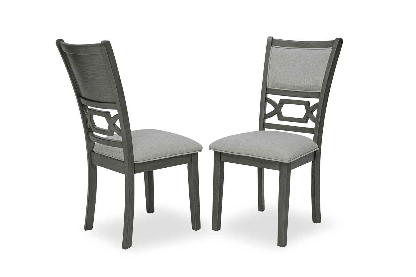 Dark gray wooden dining chair with upholstered grey seat and open geometric backrest