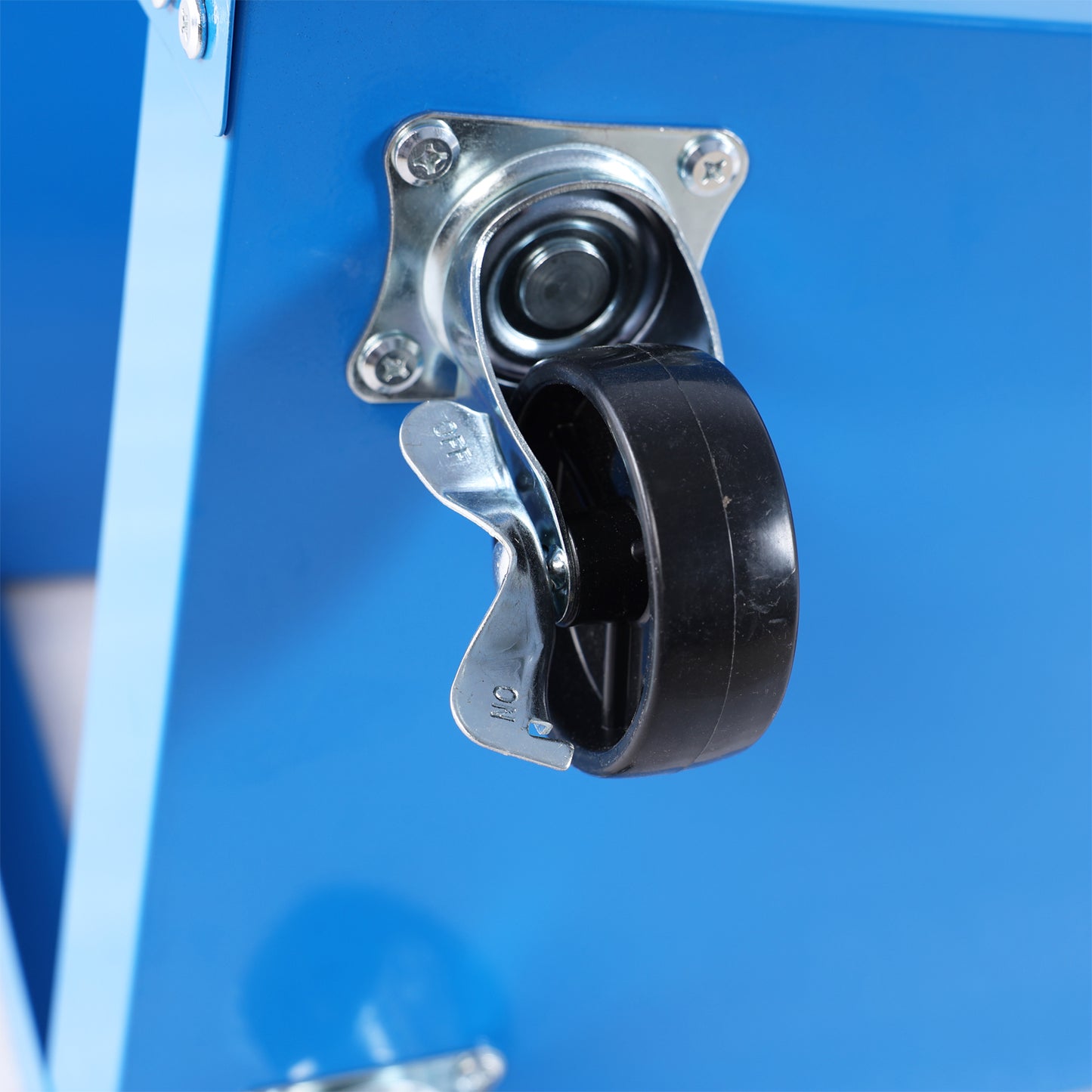 Blue metal cart with a black locking caster wheel attached securely