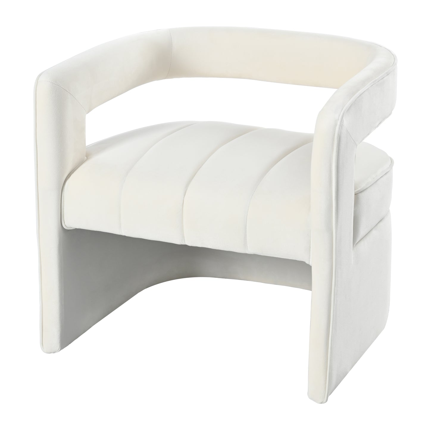 Cream velvet accent chair with channel tufting and a modern curved design
