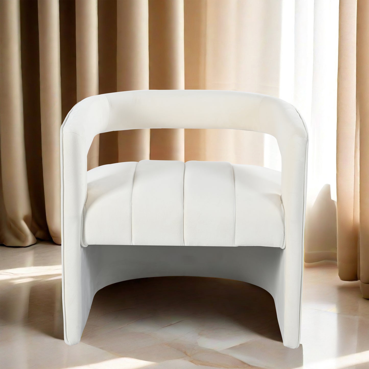 Luxurious white faux leather accent chair with channeled seat and curved arms