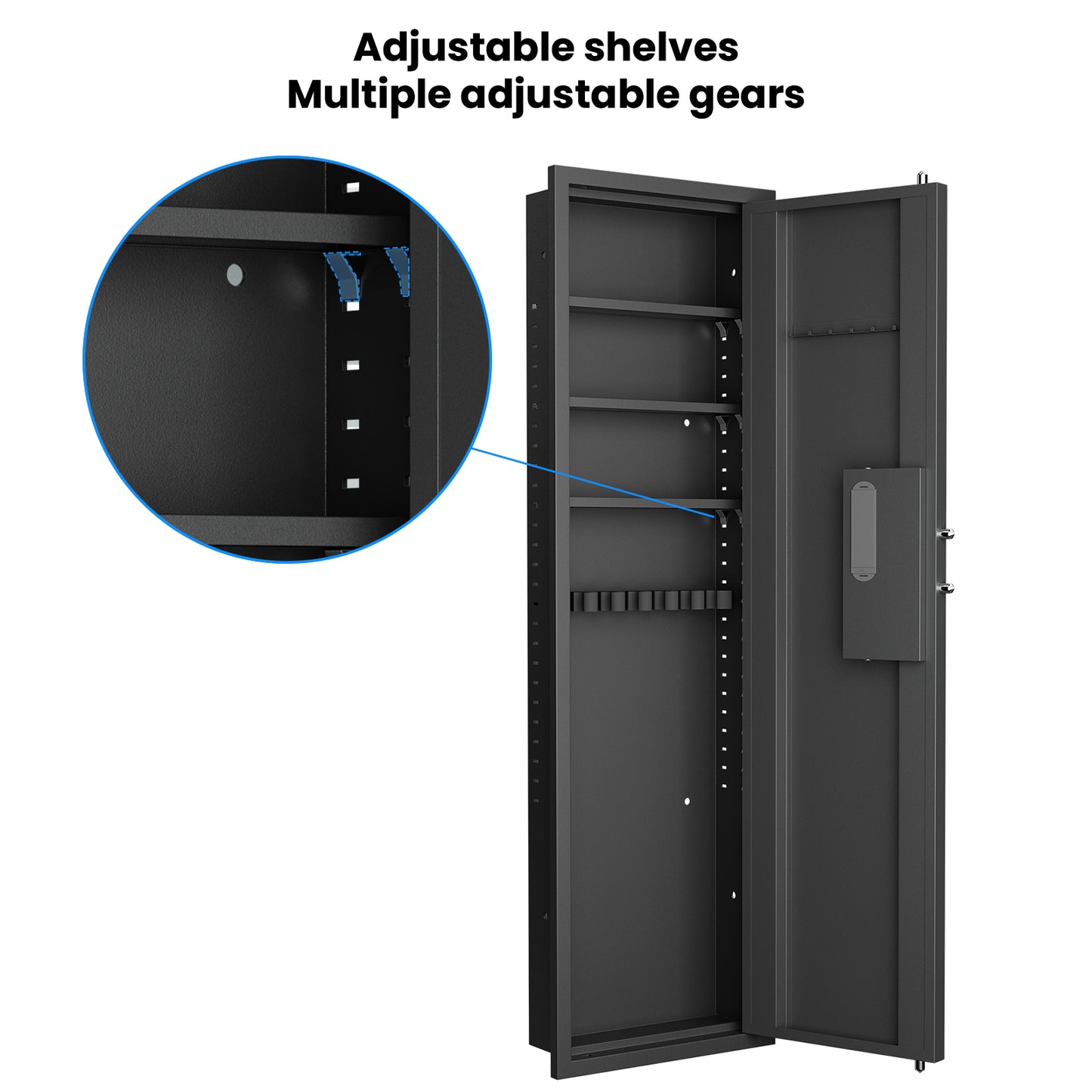 Black metal gun safe with adjustable shelves and internal rifle racks for secure storage