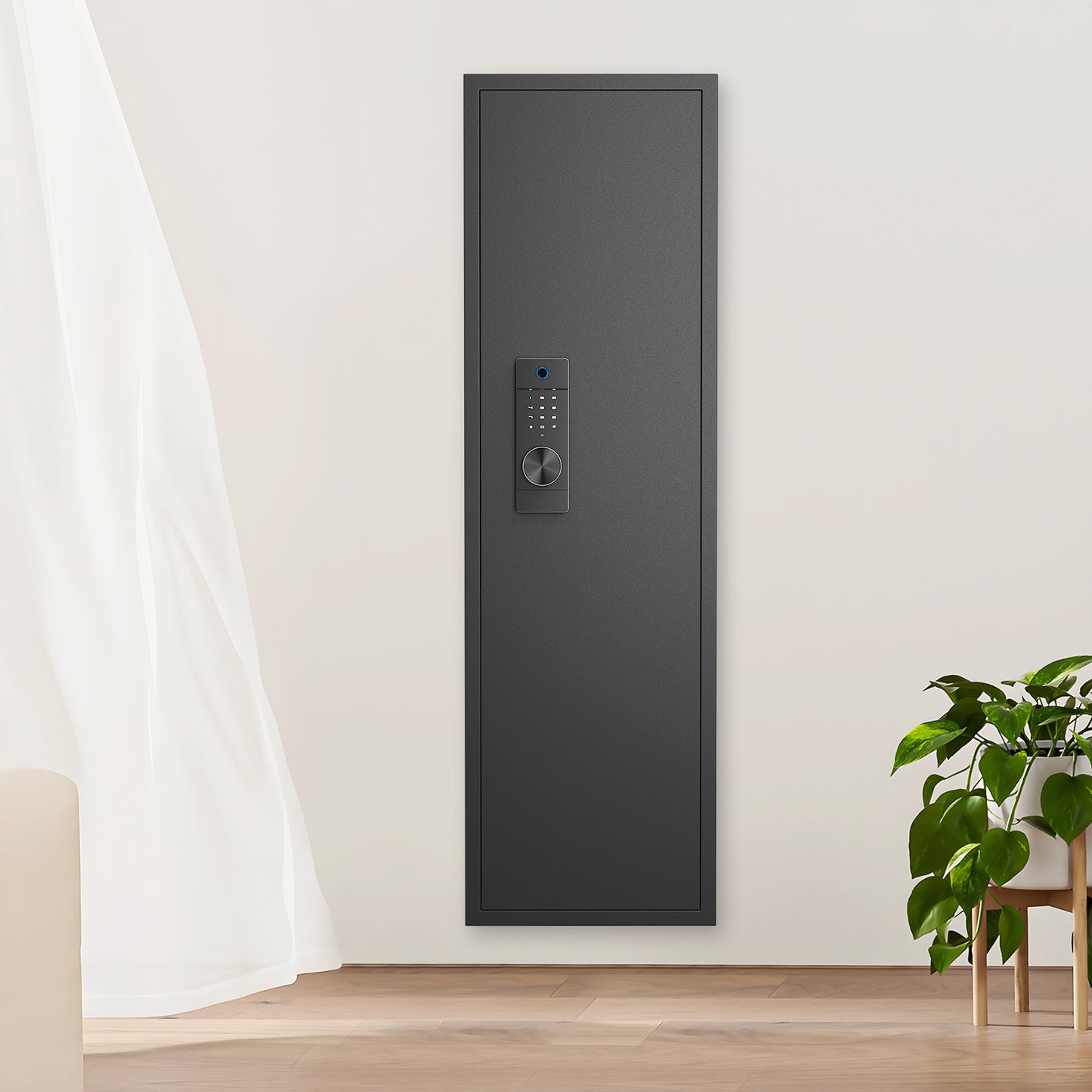 Slim dark grey gun safe with digital keypad and biometric scanner