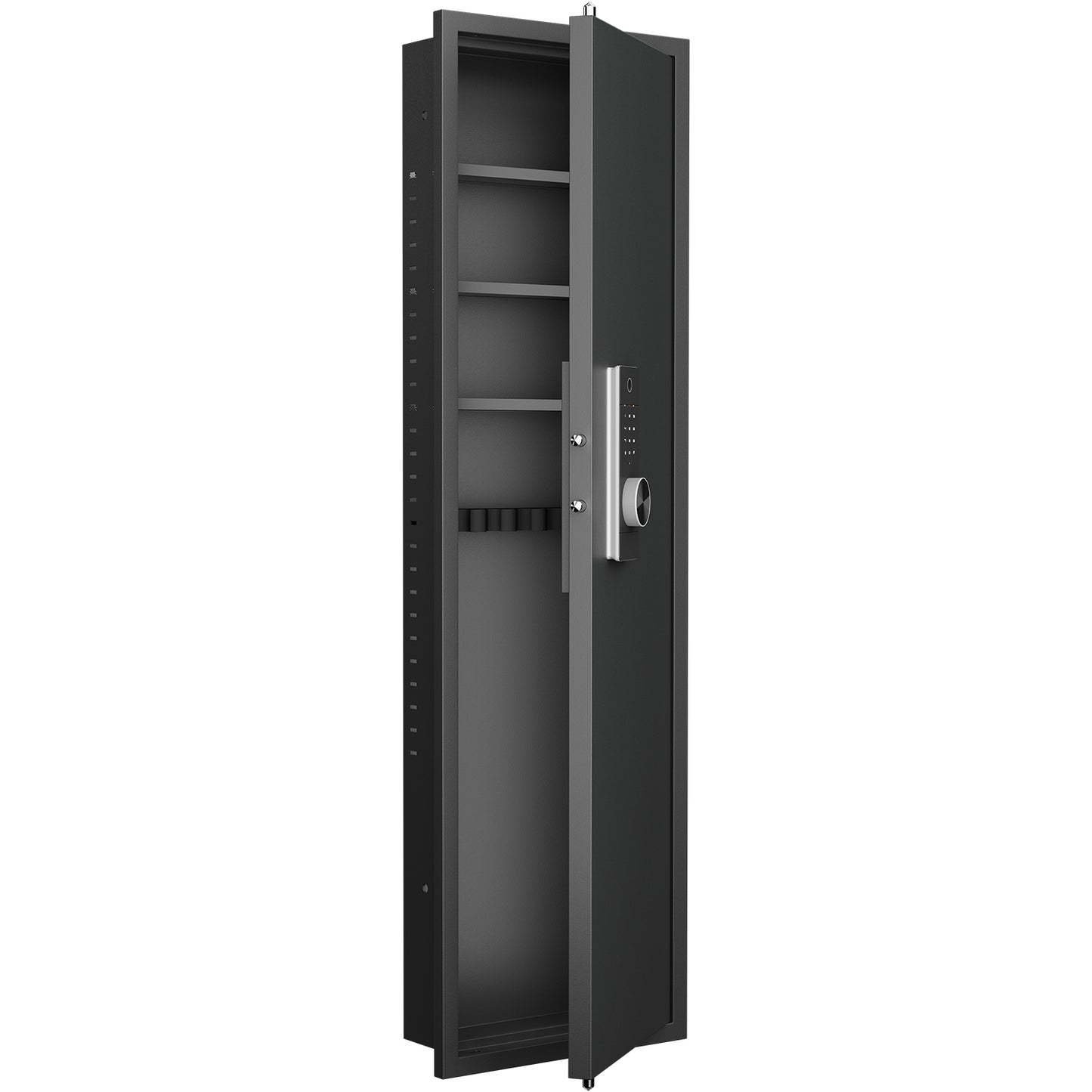 Tall black gun safe with digital lock and multiple shelves for secure storage