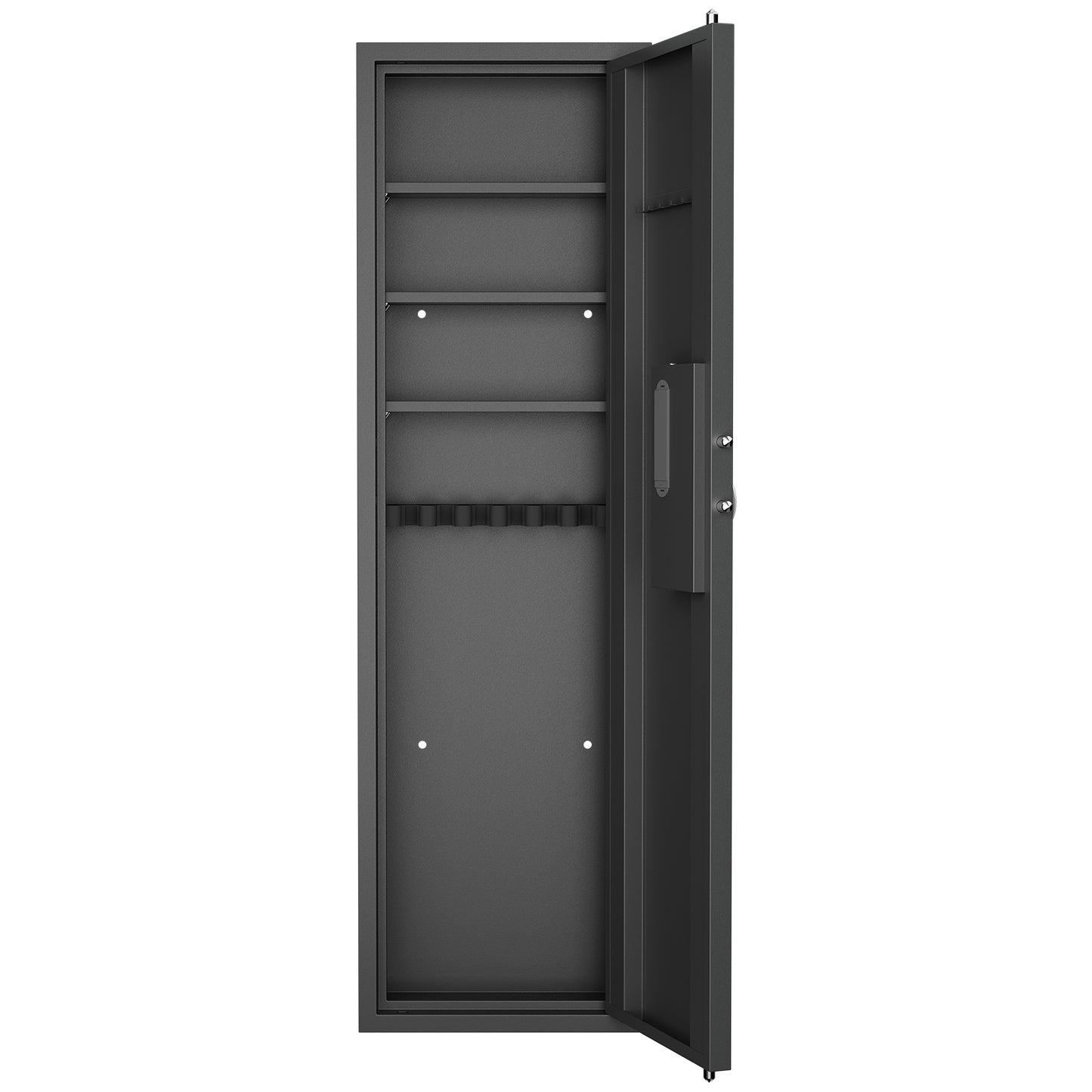 Black metal gun safe with open door showing multiple shelves and gun rack