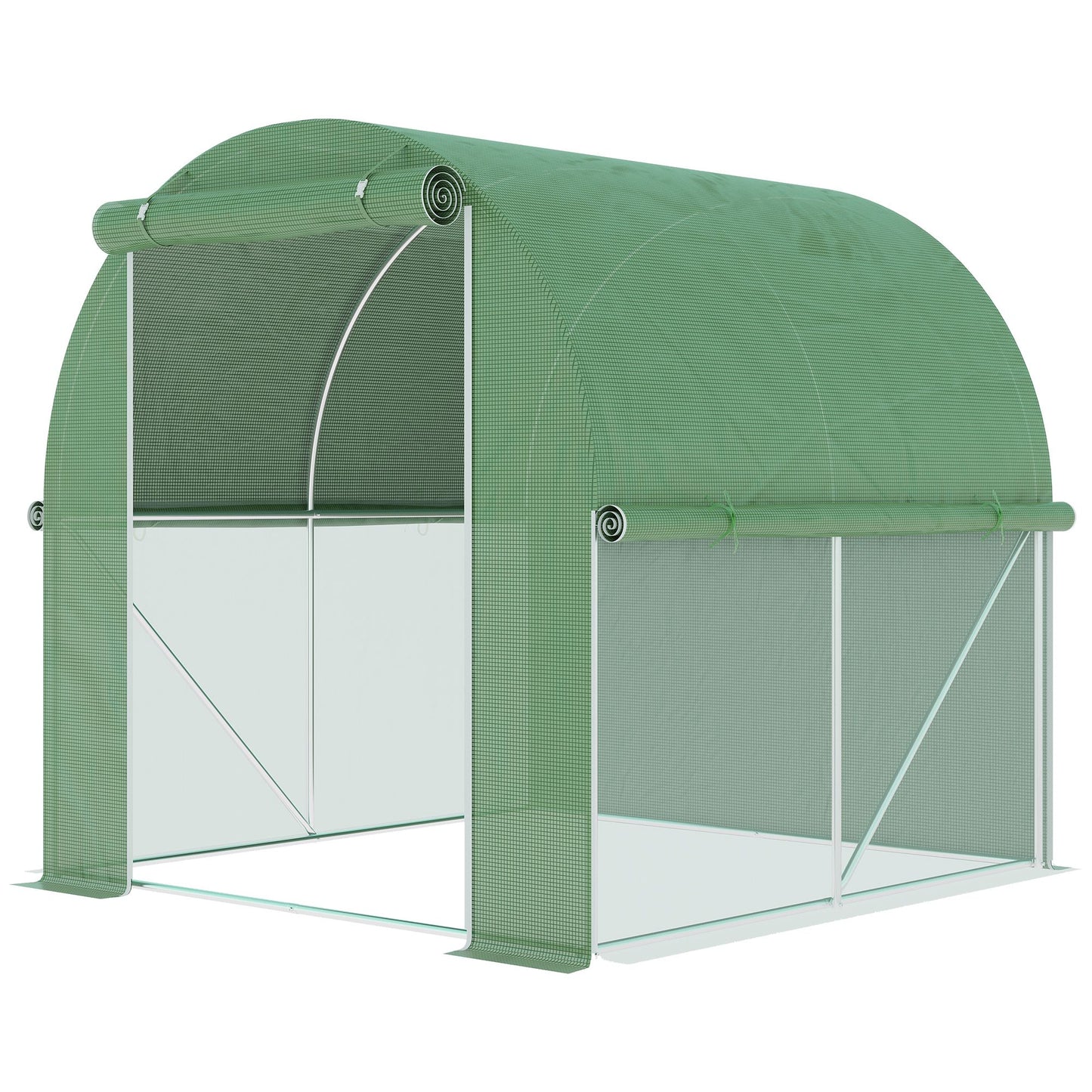 Green rollup door greenhouse with white metal frame ideal for small gardens
