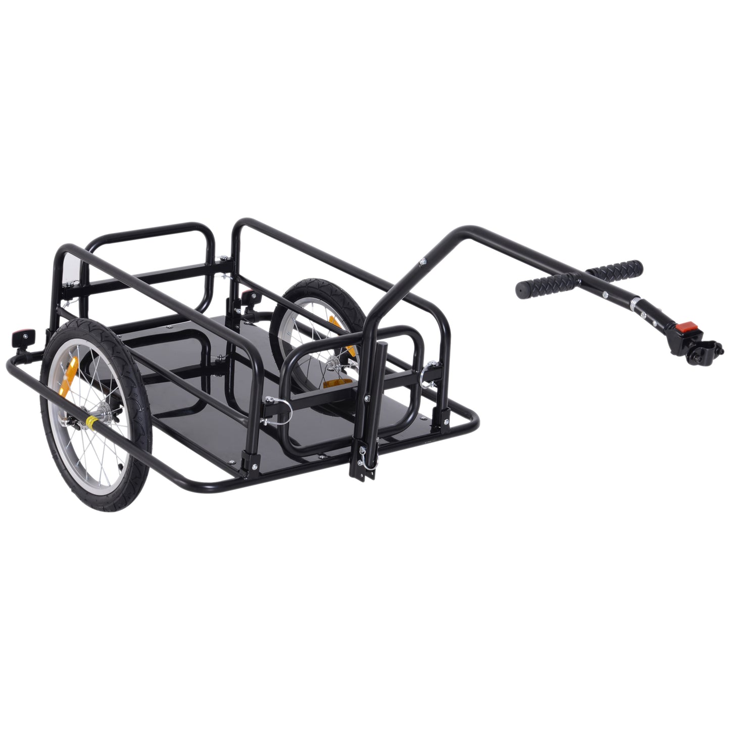 Black steel bicycle cargo trailer with two wheels and a handlebar