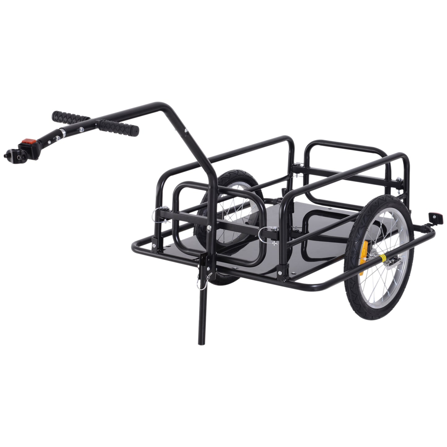 Black metal cargo trailer with two wheels and a handle for easy transport