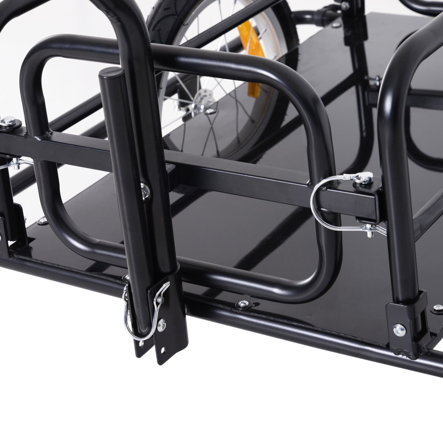 Black steel cargo trailer frame with wheel and black powder coat finish