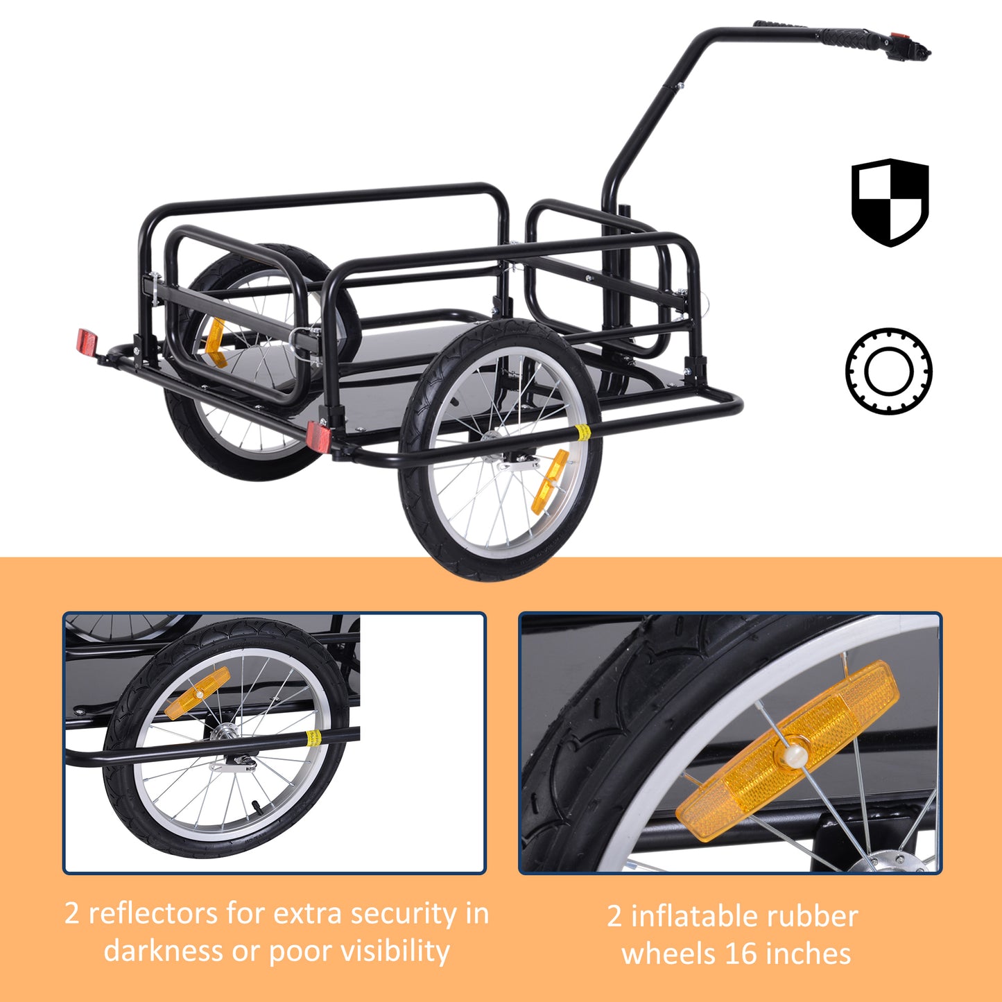 Black metal bicycle trailer with two inch inflatable wheels and reflectors for cargo