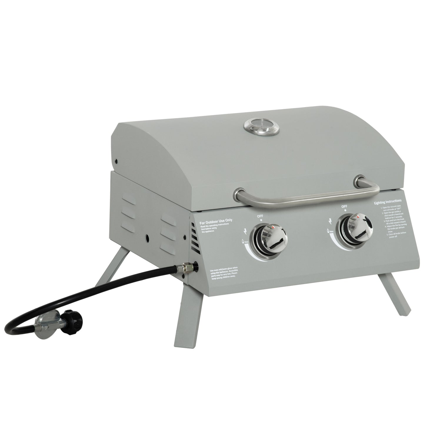 Gray portable propane grill with two burners and control knobs