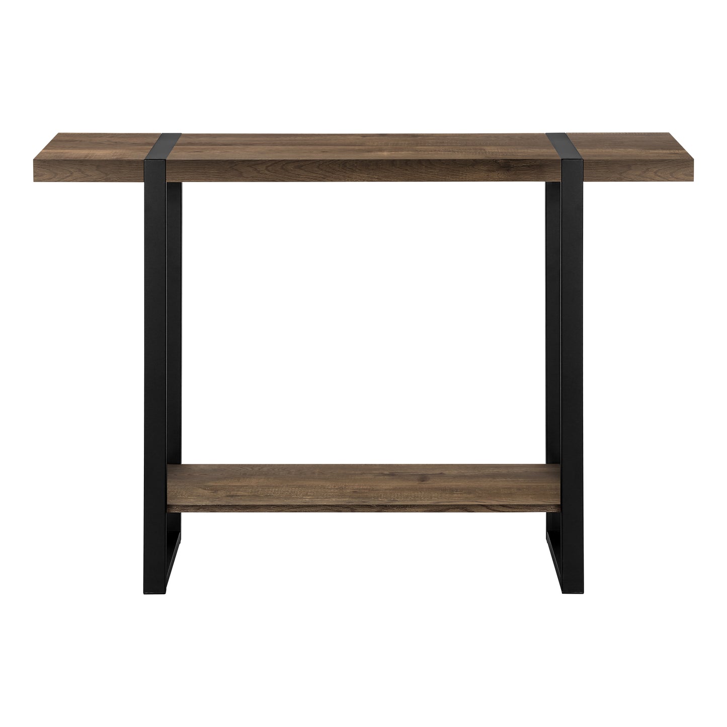 Rustic oak wood console table with black metal frame and bottom shelf