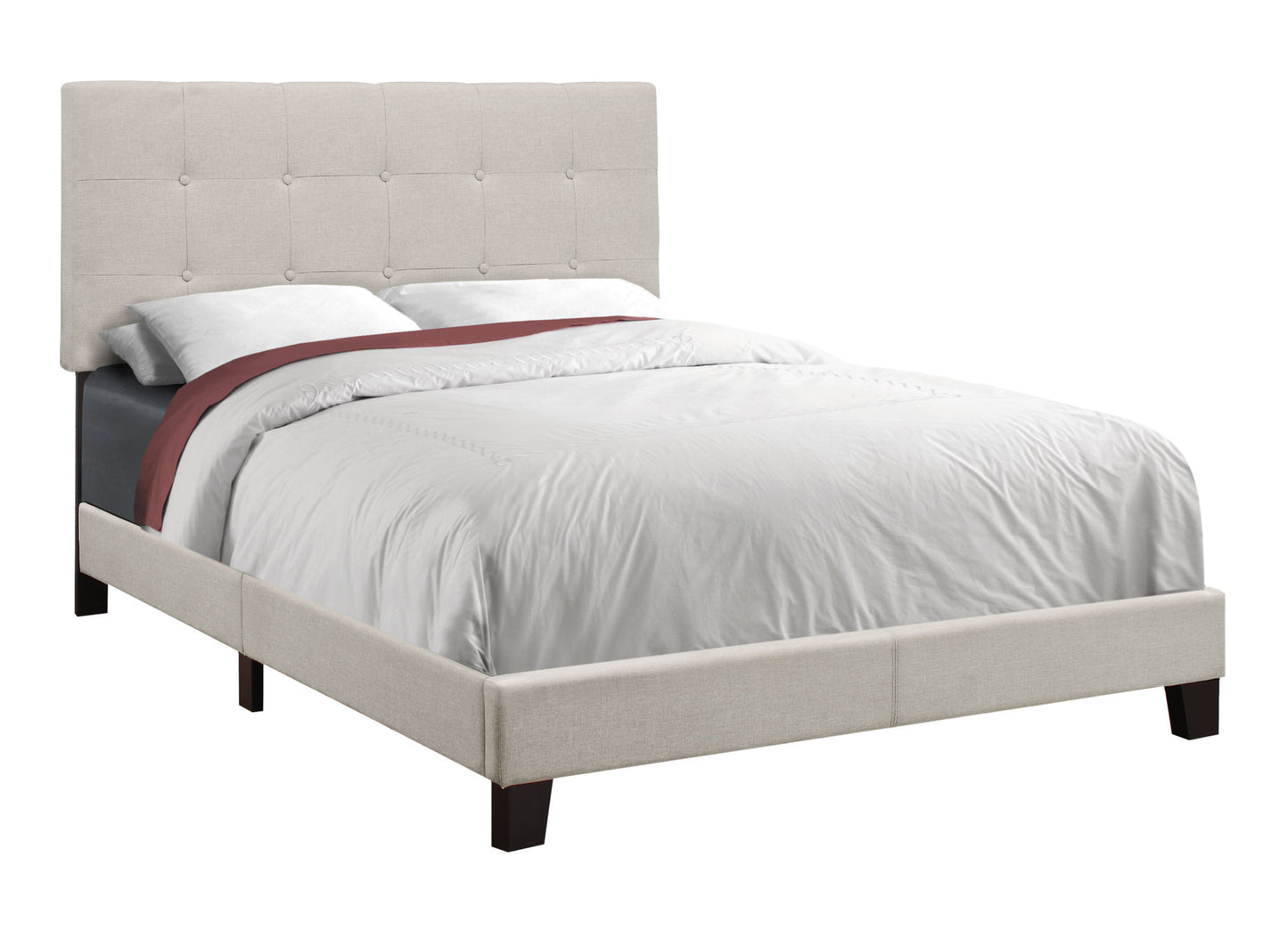 Tufted linen upholstered bed frame in beige with dark wood legs