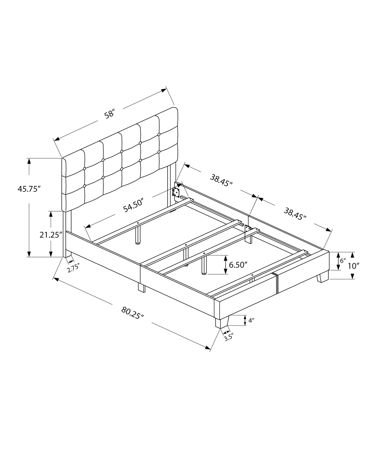 Tufted headboard bed frame with detailed dimensions and measurements for queen size Perfect for bedroom furniture shoppers