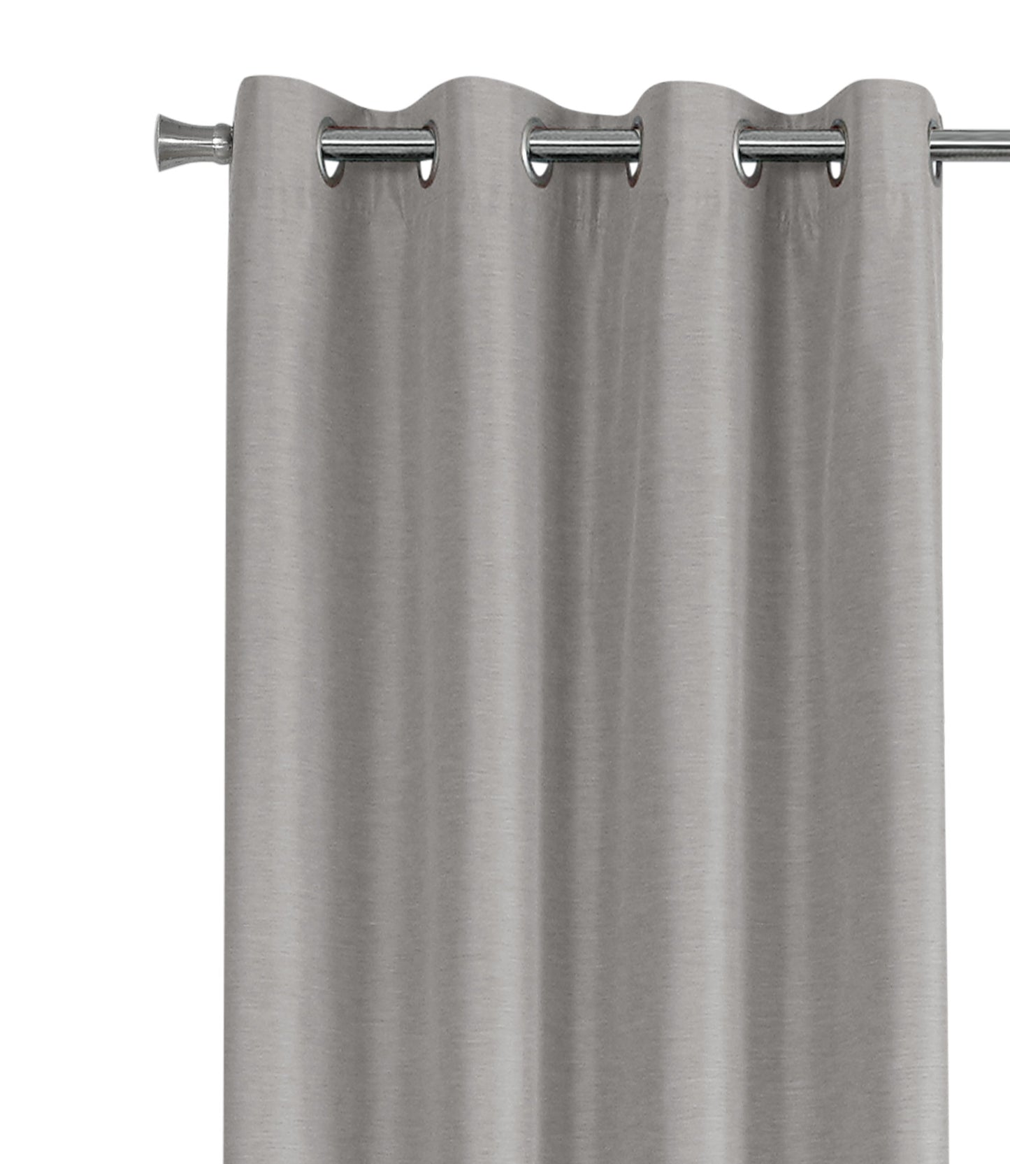 Gray grommet blackout curtain with silver rod detail
