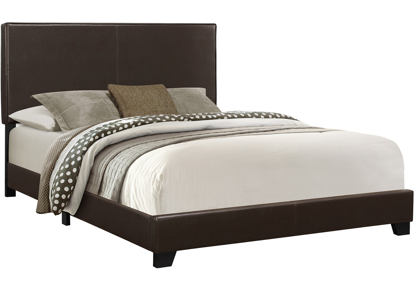 Modern dark brown faux leather platform bed with clean lines and upholstered headboard