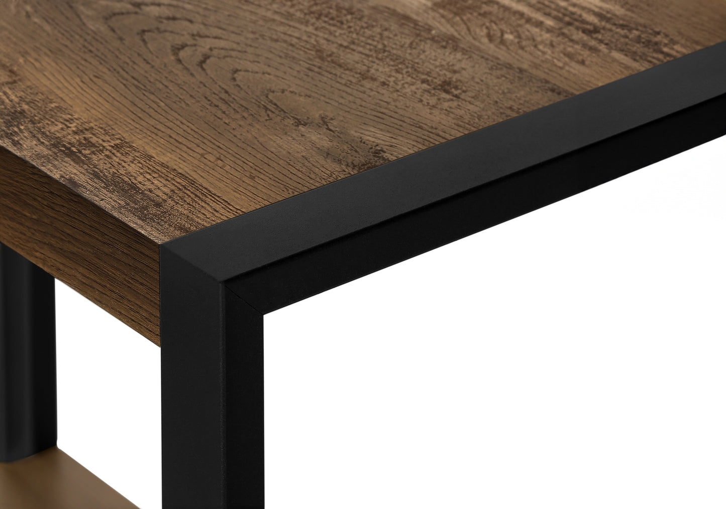 Rustic wood grain tabletop with a black metal edge accent