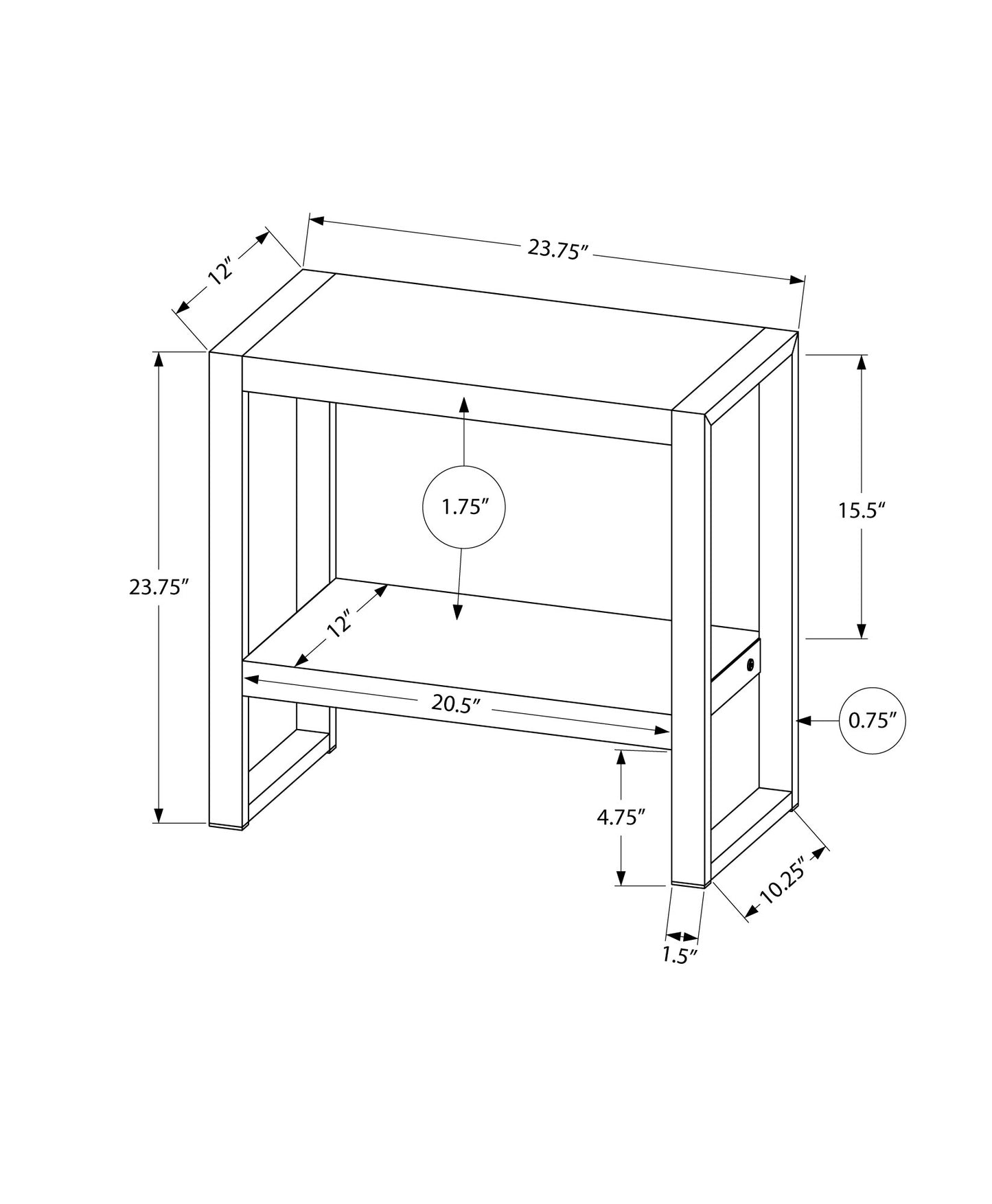 Blueprint diagram of a modern console table W x D x H
