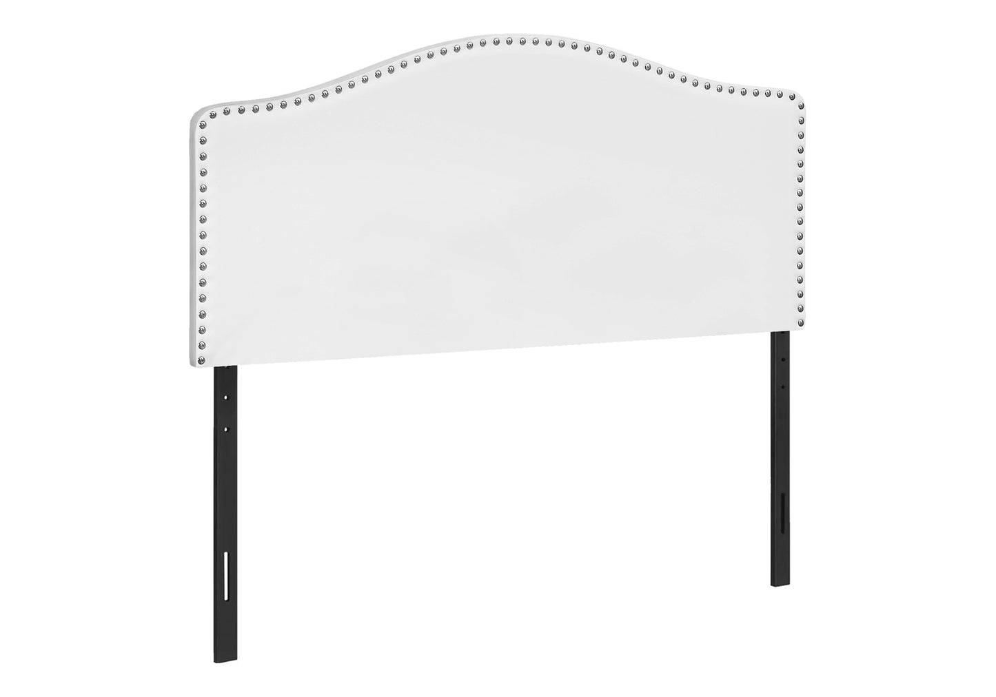 White upholstered headboard with silver nailhead trim and black metal legs