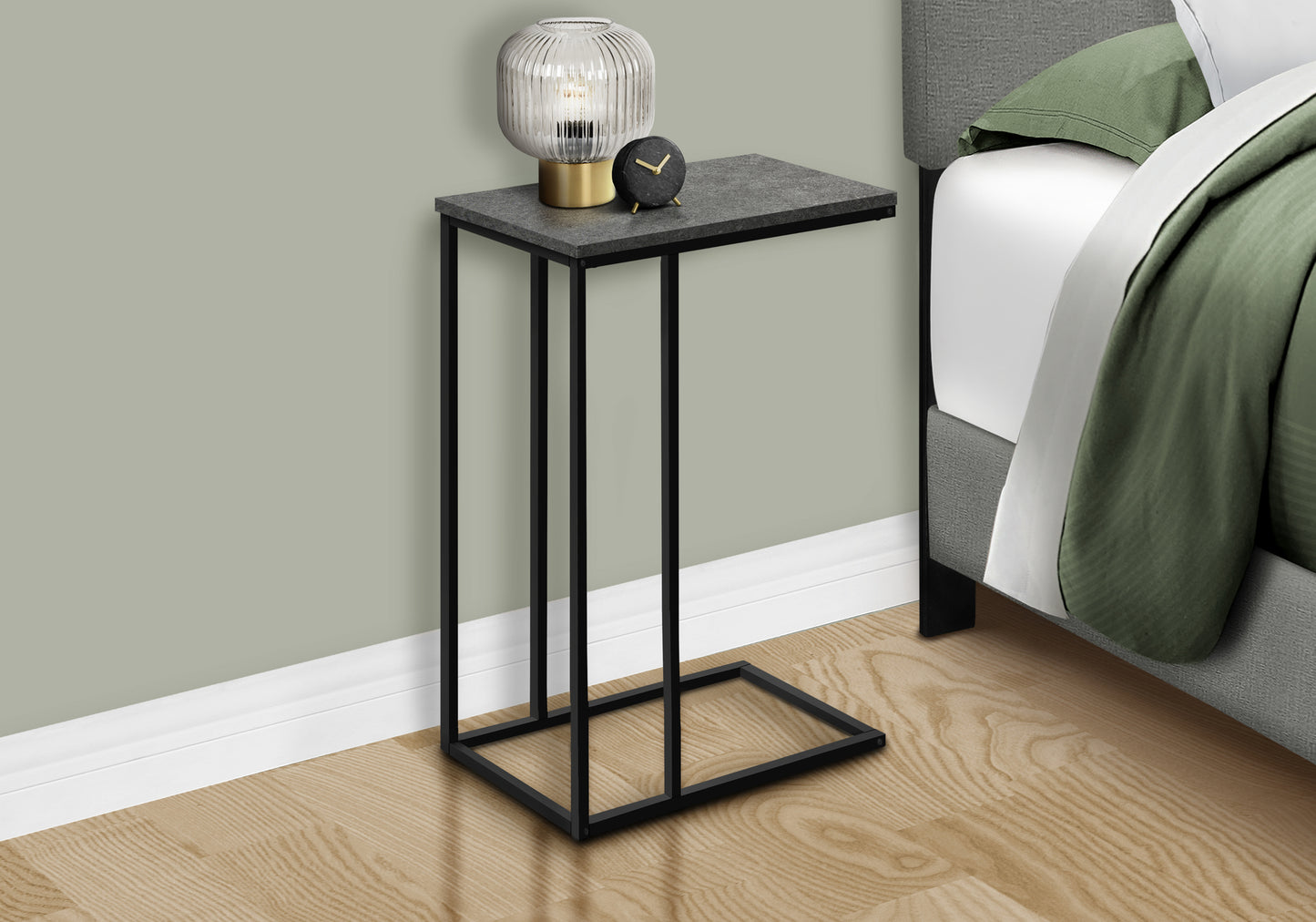 Modern Cshaped side table with dark grey faux stone top and black metal frame