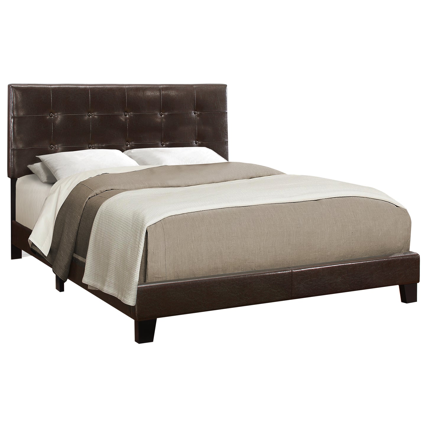 Dark brown faux leather tufted headboard platform bed with white and taupe linens