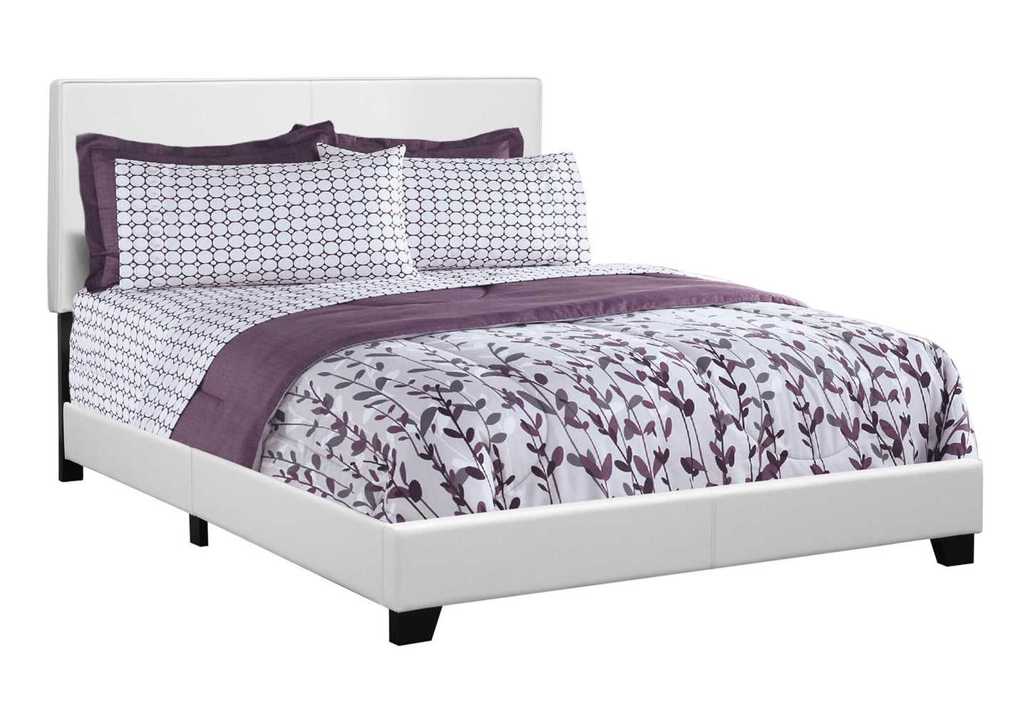 White faux leather platform bed frame with floral and geometric patterned bedding