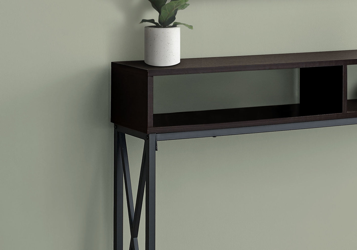 Dark wood console table with open shelving and metal frame
