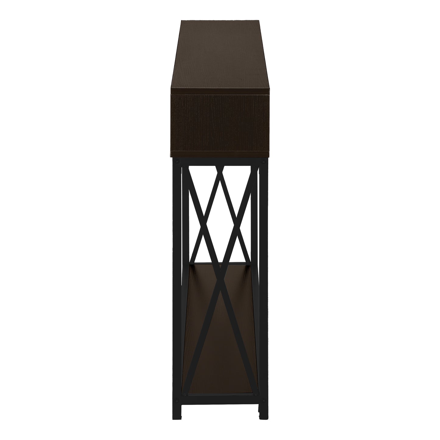 Dark brown wood grain console table with black metal Xframe legs and one drawer